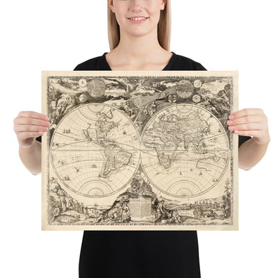Mapa del Viejo Mundo, 1700 - Mapa del Atlas Antiguo Monocromo raro, Arte de la Pared Vintage por Paolo Petrini