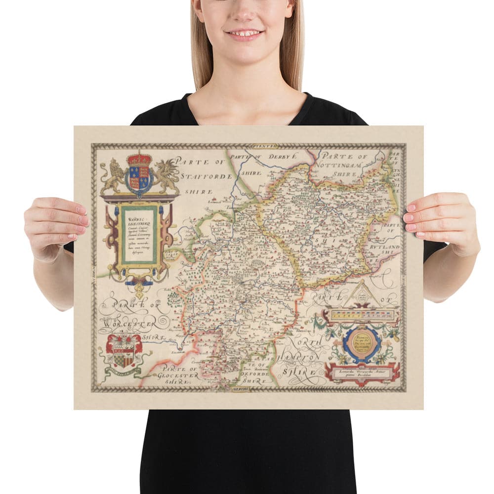 Alte Karte von Warwick - Leicester 1579, von Christopher Saxton - Birmingham, Coventry, Solihull, Nuneaton