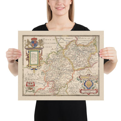 Ancienne carte de Warwick - Leicester 1579, par Christopher Saxton - Birmingham, Coventry, Solihull, Nuneaton