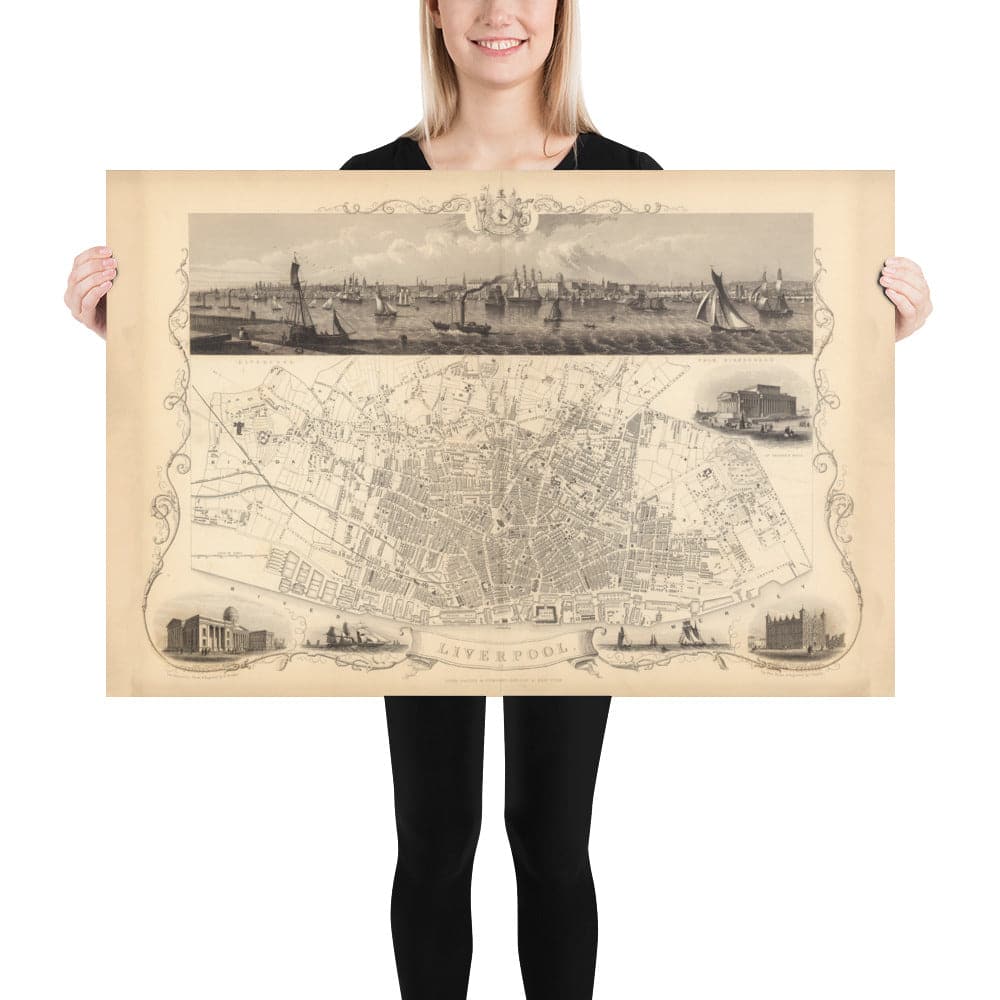 Ancienne carte monochrome de Liverpool par John Rapkin, 1851