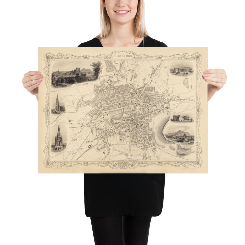 Viejo mapa de Edimburgo, Escocia en 1851 por Tallis & Rapkin