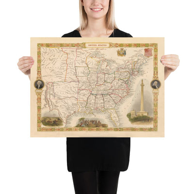 Mapa antiguo de los Estados Unidos, 1851 por Tallis & Rapkin - Gran Territorio de Texas, Occidental y Missouri, Fronteras impares