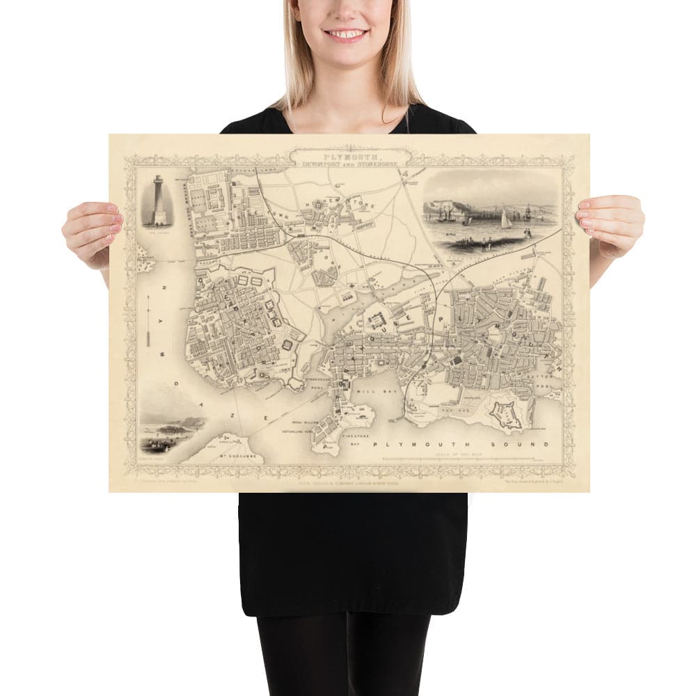 Alte monochrome Karte von Plymouth 1851 von Tallis, Rapkin - Stonehouse, Devonport