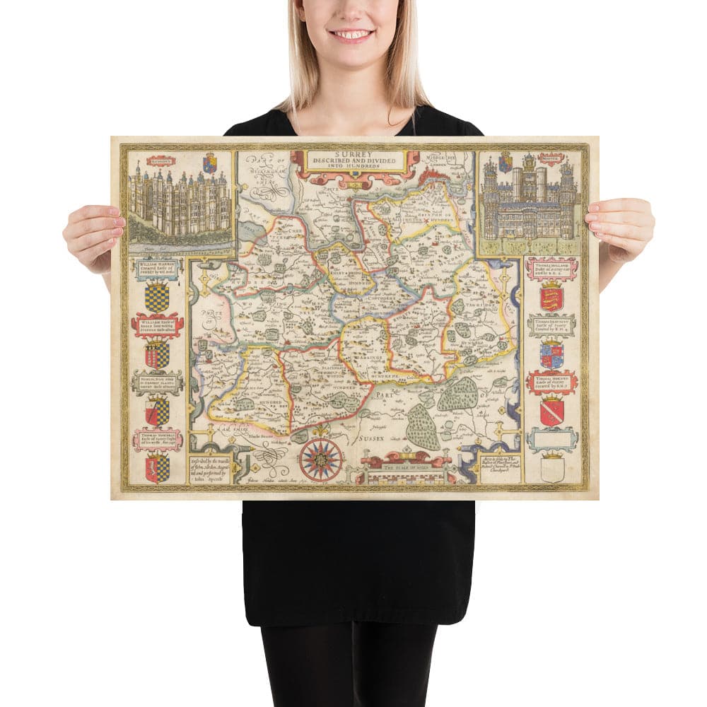 Antiguo mapa de Surrey 1611 por John Speed - Woking, Guildford, Croydon, Richmond, Esher, Cobham, Sutton, Morden