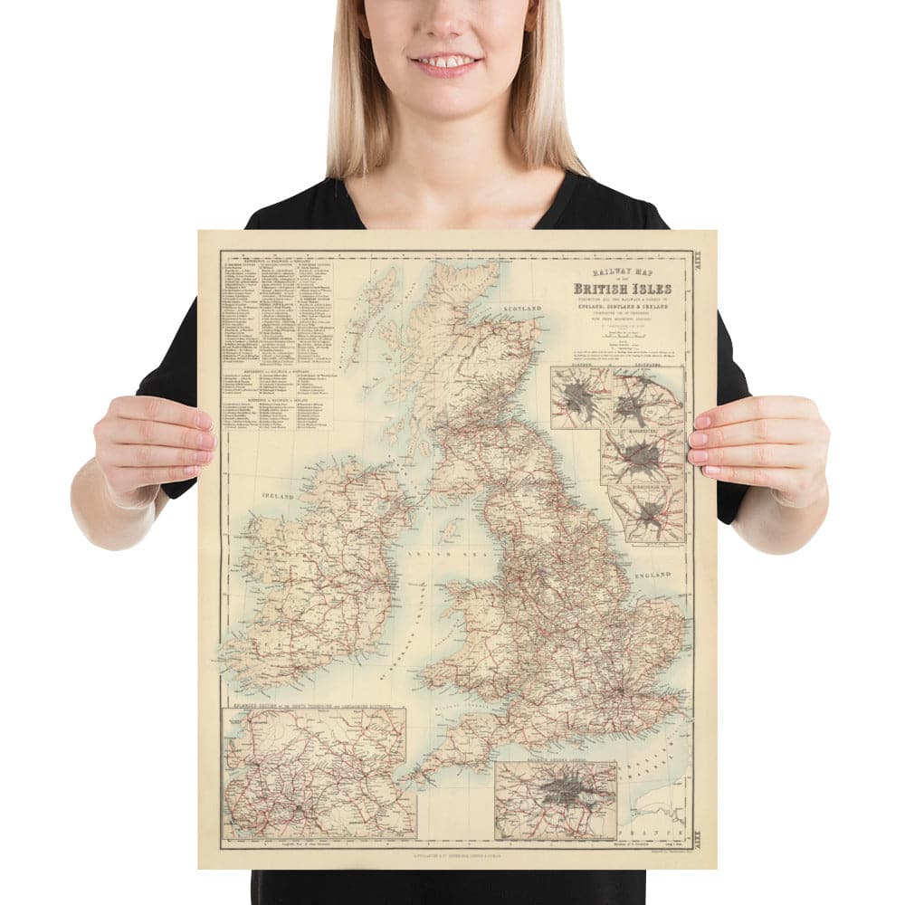 Mappa Antica delle Ferrovie e dei Canali nelle Isole Britanniche 1872 di Fullarton - Mappa a Colori dei Treni di Inghilterra, Irlanda, Scozia, Galles