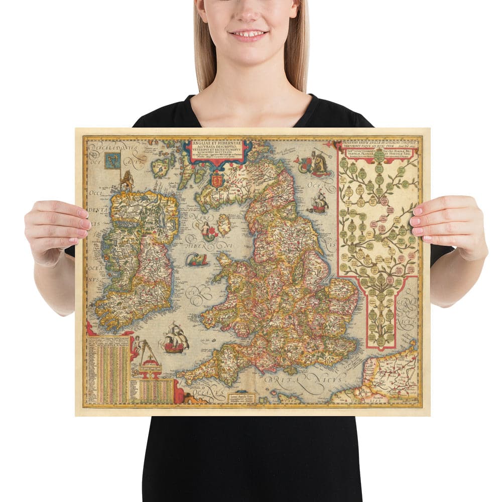 Ancienne carte en couleurs de l'Angleterre et de l'Irlande en 1605 par Abraham Ortelius