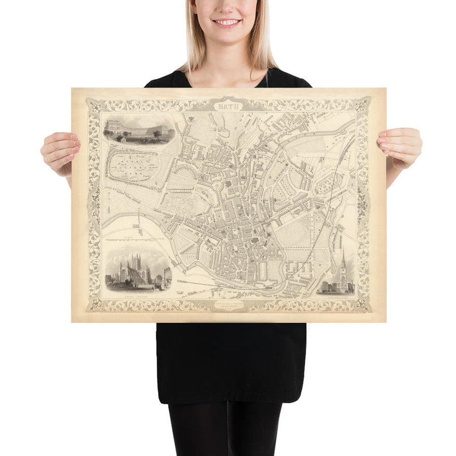 Mappa antica di Bath di John Rapkin, 1851 - Circus, Royal Crescent, Abbey, Terme romane 