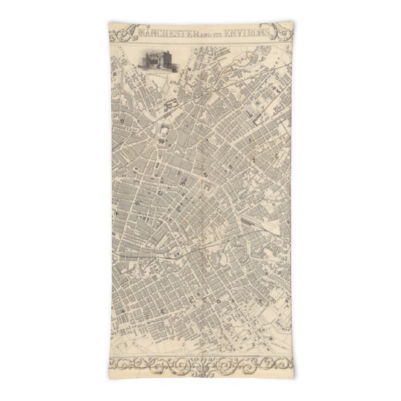 Manchester Gesichtsmaske / Nackenschutz mit altem Kartendruck von Manchester und seiner Umgebung von John Rapkin, 1851