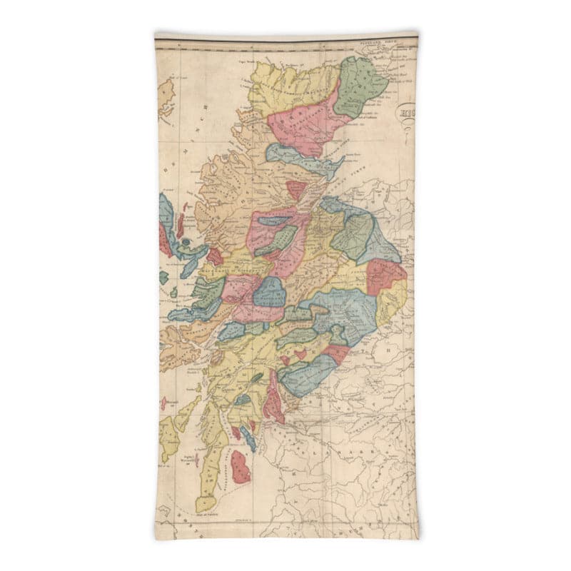 Máscara del Clan de Escocia / Polaina para el cuello / Snood con mapa de época de las Tierras Altas de Escocia por WH Lizars, 1822