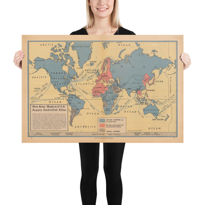Armas aliadas "Made in the USA", 1942 - Antiguo mapa de propaganda de la Segunda Guerra Mundial