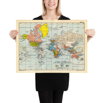 Alter kolonialer Weltkarte, 1912 von Cambridge Publishing - Britisches Empire, Französisches Empire, Niederländisches Empire, Chinesisches Empire, Spanisches Empire 