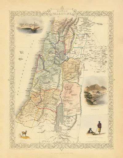 Mapa antiguo de Palestina en 1851 - Israel, Cisjordania, Gaza, Nazaret, Nablus, Haifa, Jerusalén