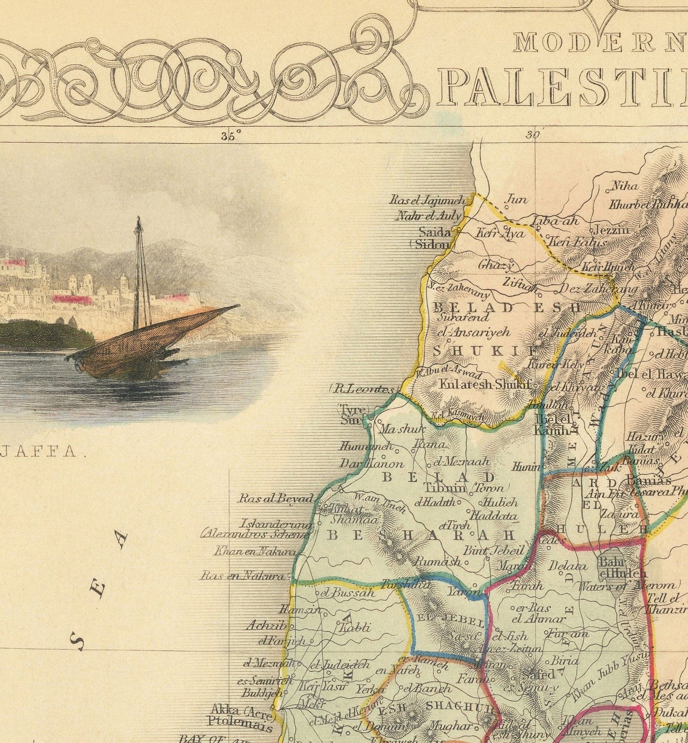 Ancienne carte de la Palestine en 1851 - Israël, Cisjordanie, Gaza, Nazareth, Naplouse, Haïfa, Jérusalem