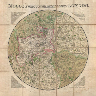 Londoner Gesichtsmaske / Halsmanschette mit altem Kartendruck von Mogg's 24 Meilen um London, 1820