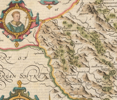 Alte Karte von Monmouthshire, Wales, 1611 von John Speed ​​- AbergaVenny, Caldicot, Chepstow, Monmouth, Magor