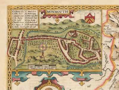 Ancienne carte de Monmouthshire, Pays de Galles, 1611 par John Speed ​​- Abergavenny, Caldicot, Chepstow, Monmouth, Magoul