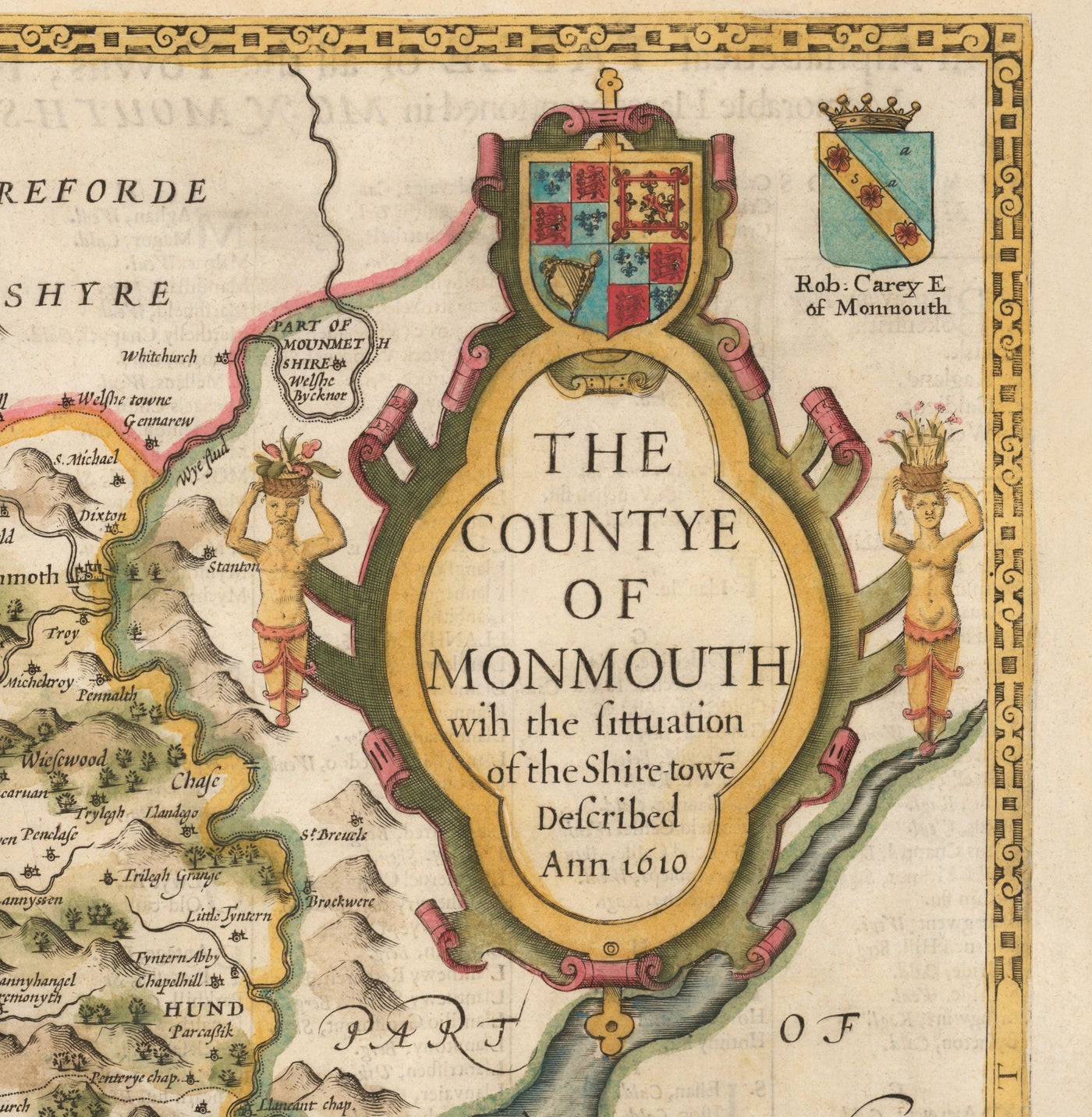 Ancienne carte de Monmouthshire, Pays de Galles, 1611 par John Speed ​​- Abergavenny, Caldicot, Chepstow, Monmouth, Magoul