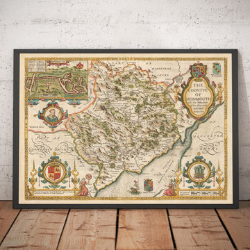 Old Map of Monmouthshire, Wales, 1611 by John Speed - Abergavenny, Caldicot, Chepstow, Monmouth, Magor