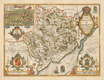 Alte Karte von Monmouthshire, Wales, 1611 von John Speed ​​- AbergaVenny, Caldicot, Chepstow, Monmouth, Magor