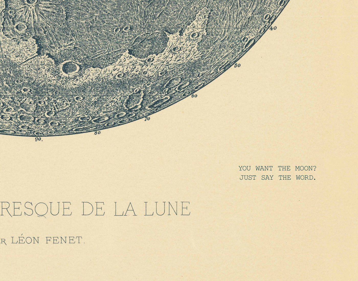 Old Moon Illustration, 1888 par Leon Fenet - Lithographie du graphique lunaire français