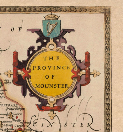 Ancienne carte de Munster, Irlande en 1611 par John Speed ​​- County Cork, Clare, Kerry, Limerick, Tipperary
