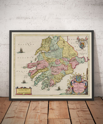 Antica mappa del Munster, Irlanda nel 1665 di Joan Blaeu - Contea di Cork, Clare, Kerry, Limerick, Tipperary, Sud Ovest Eire 