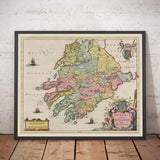 Old Map of Munster, Ireland in 1665 by Joan Blaeu - County Cork, Clare, Kerry, Limerick, Tipperary, Southwest Eire