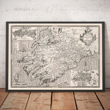Old Monochrome Map of Munster, Ireland in 1611 by John Speed - County Cork, Clare, Kerry, Limerick, Tipperary, Waterford, Dingle