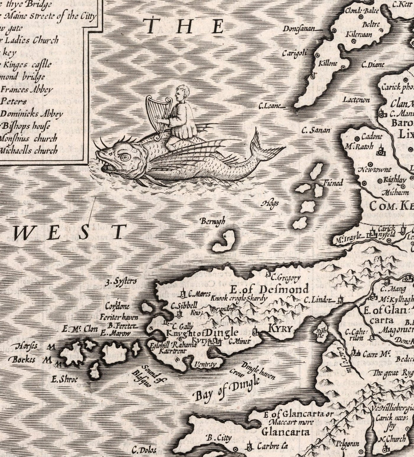 Vieille carte monochrome de Munster, Irlande en 1611 par John Speed ​​- County Cork, Clare, Kerry, Limerick, Tipperary, Waterford, Dingle