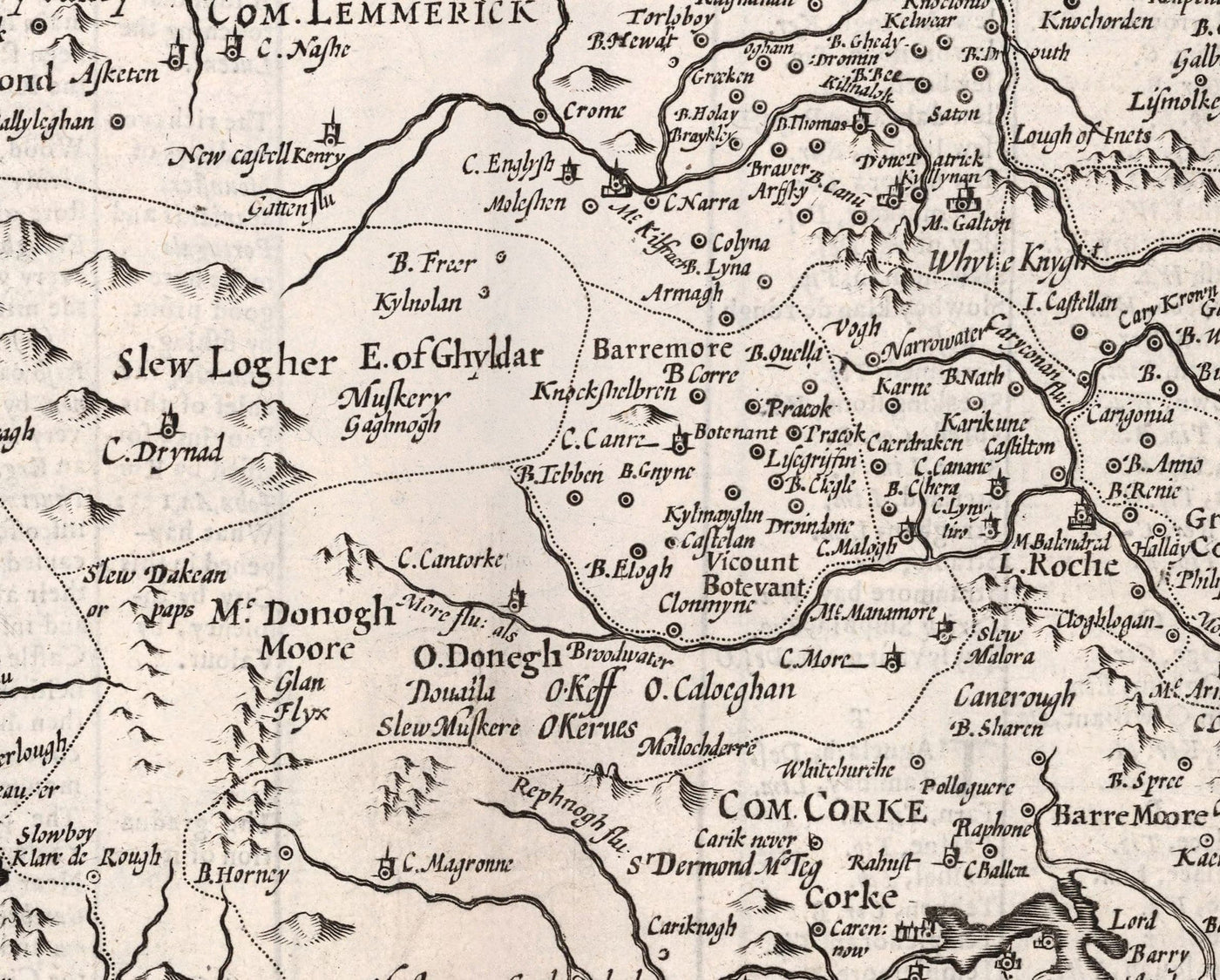 Viejo mapa monocromo de Munster, Irlanda en 1611 por John Speed ​​- County Cork, Clare, Kerry, Limerick, Tipperary, Waterford, Dingle
