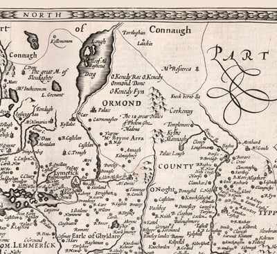 Alte monochrome Karte von Münster, Irland im Jahre 1611 von John Speed ​​- County Cork, Clare, Kerry, Limerick, Tipperary, Waterford, Dingle