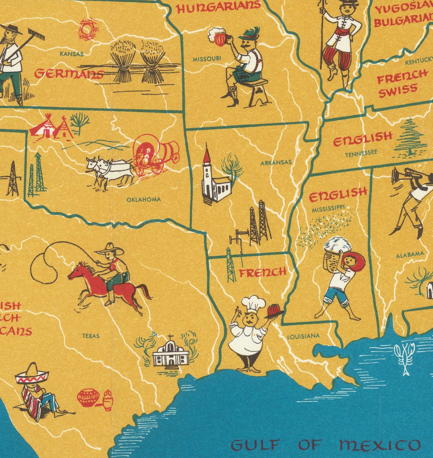 Antiguo mapa de inmigrantes de EE.UU., 1959, de Passal: irlandeses, italianos, rusos, ingleses, alemanes, españoles, mexicanos y chinos.