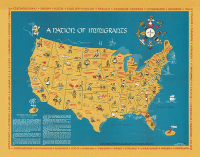 Antiguo mapa de inmigrantes de EE.UU., 1959, de Passal: irlandeses, italianos, rusos, ingleses, alemanes, españoles, mexicanos y chinos.