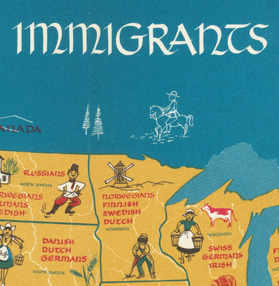 Ancienne carte d'immigrants des États-Unis, 1959 par Passal - Irlandais, Italien, Russe, Anglais, Allemand, Espagnol, Mexicain, Chinois