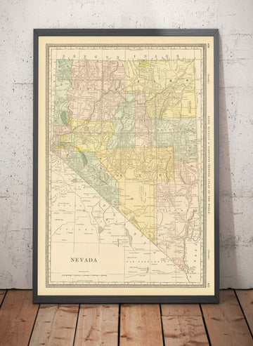 Mappa antica del Nevada, USA, 1882 di Rand & McNally - Las Vegas, Reno, Contee, Carson City 