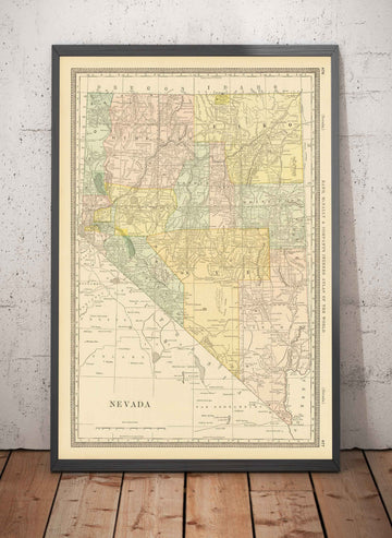 Old Map of Nevada, USA, 1882 by Rand & McNally - Las Vegas, Reno, Counties, Carson City