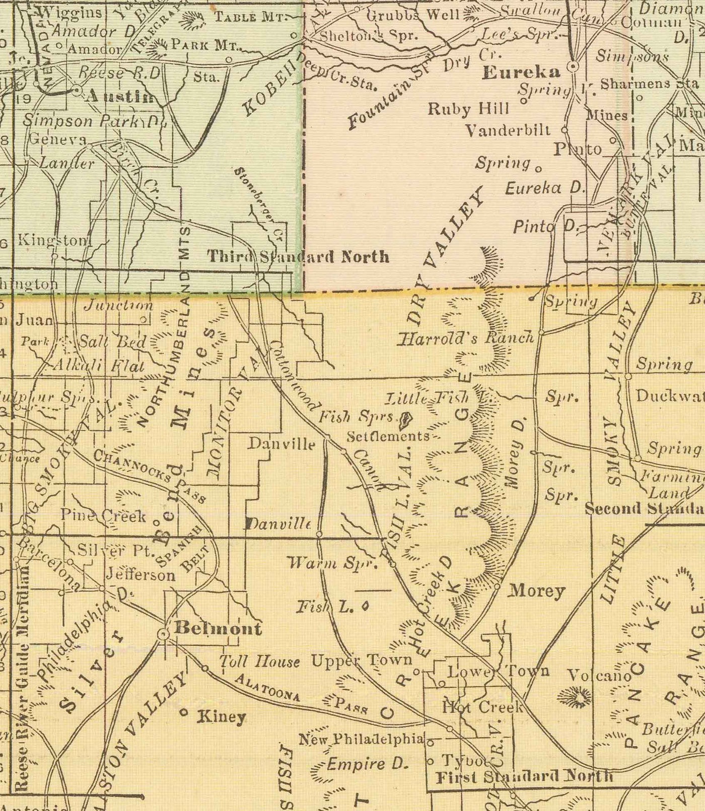 Antiguo mapa de Nevada, EE.UU., 1882 por Rand & McNally - Las Vegas, Reno, condados, Carson City