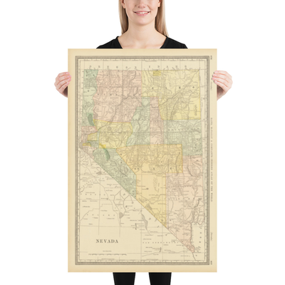 Mappa antica del Nevada, USA, 1882 di Rand & McNally - Las Vegas, Reno, Contee, Carson City 