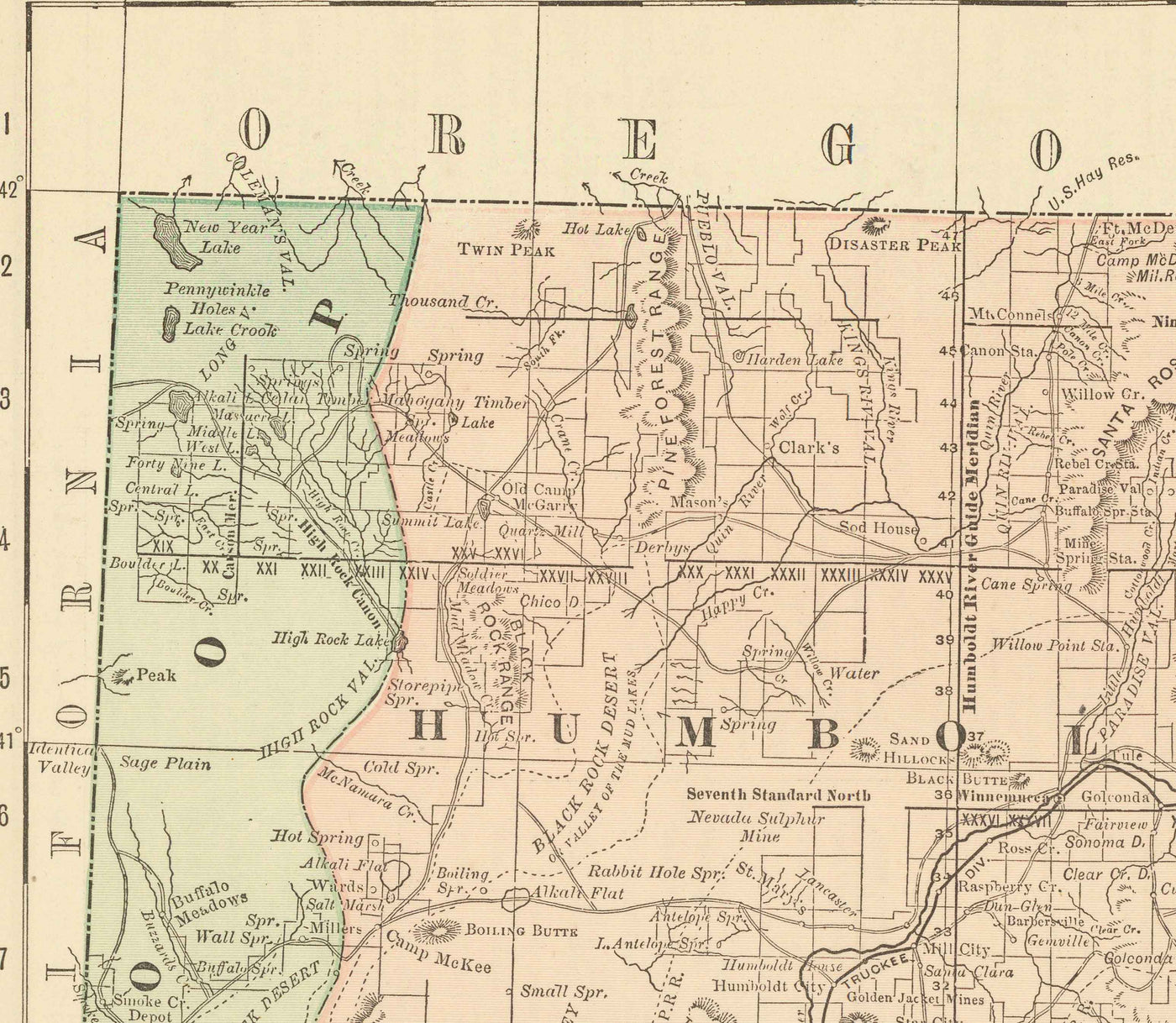 Antiguo mapa de Nevada, EE.UU., 1882 por Rand & McNally - Las Vegas, Reno, condados, Carson City