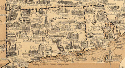 Ancienne carte picturale de la Nouvelle-Angleterre, États-Unis, 1939 par Ernest Dudley Chase - Maine, Vermont, New Hampshire, Massachusetts, Connecticut, Rhode Island