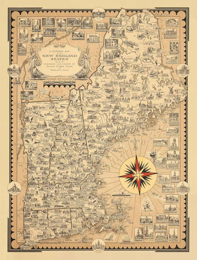 Ancienne carte picturale de la Nouvelle-Angleterre, États-Unis, 1939 par Ernest Dudley Chase - Maine, Vermont, New Hampshire, Massachusetts, Connecticut, Rhode Island