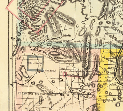 Mapa antiguo del Territorio de Nuevo México, EE. UU., 1873 - Grants de tierras, Río Grande, Nativos americanos, Sante Fe, Montañas rocosas