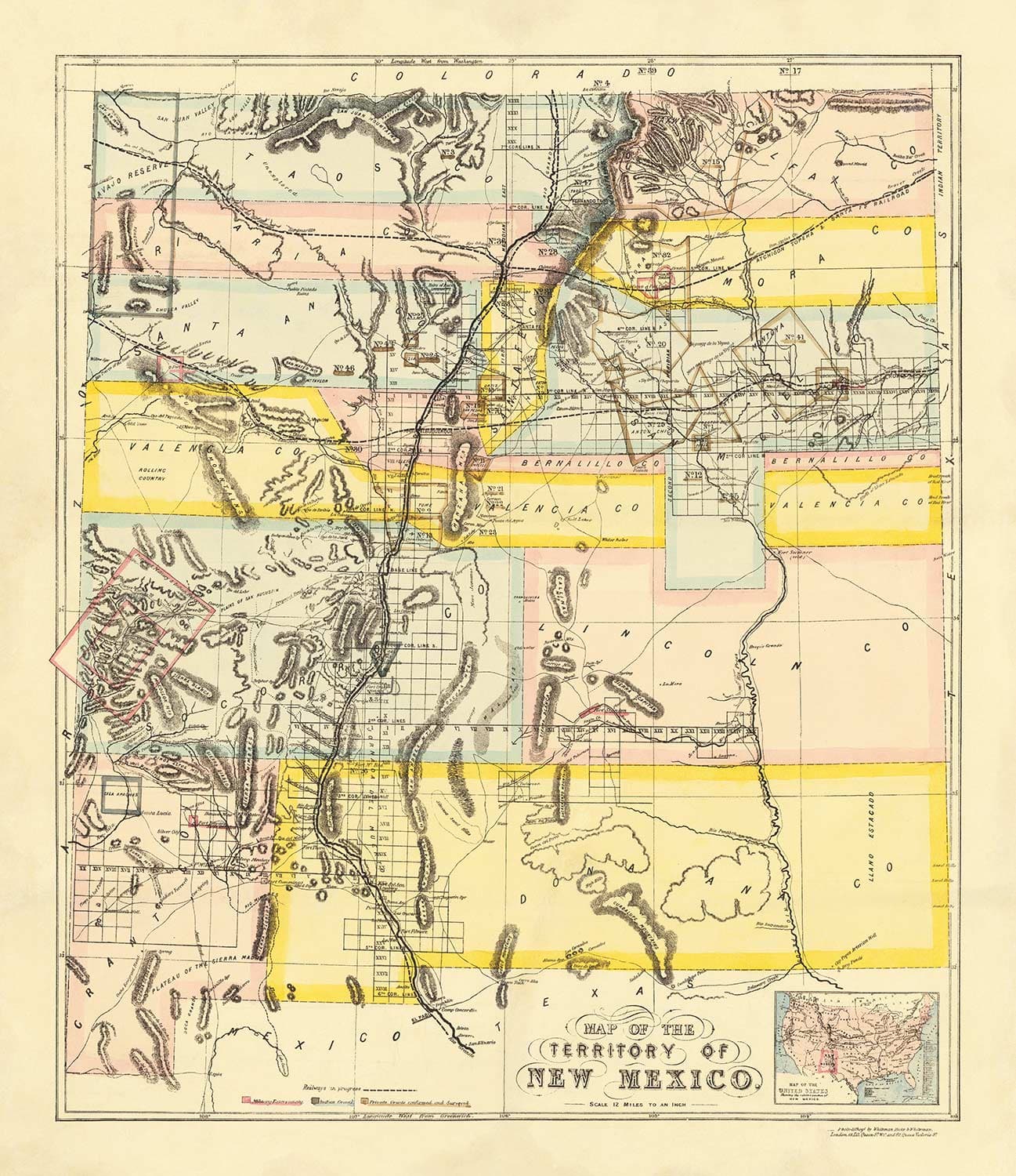 Alte Karte von New Mexico Territory, USA, 1873 - Landstipendien, Rio Grande, Ureinwohner, Sante Fe, Rocky Mountains