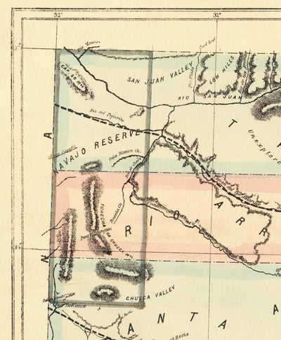 Ancienne carte du Nouveau-Mexique Territoire, USA, 1873 - Subventions terrestres, Rio Grande, Amérindiens, Sante Fe, Montagnes Rocky