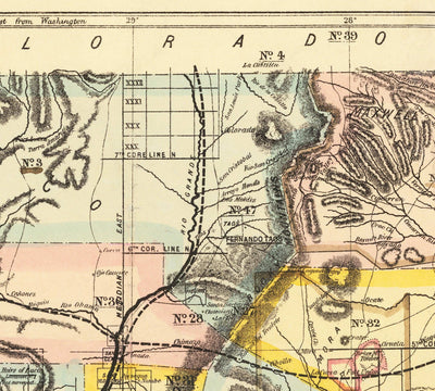 Mapa antiguo del Territorio de Nuevo México, EE. UU., 1873 - Grants de tierras, Río Grande, Nativos americanos, Sante Fe, Montañas rocosas
