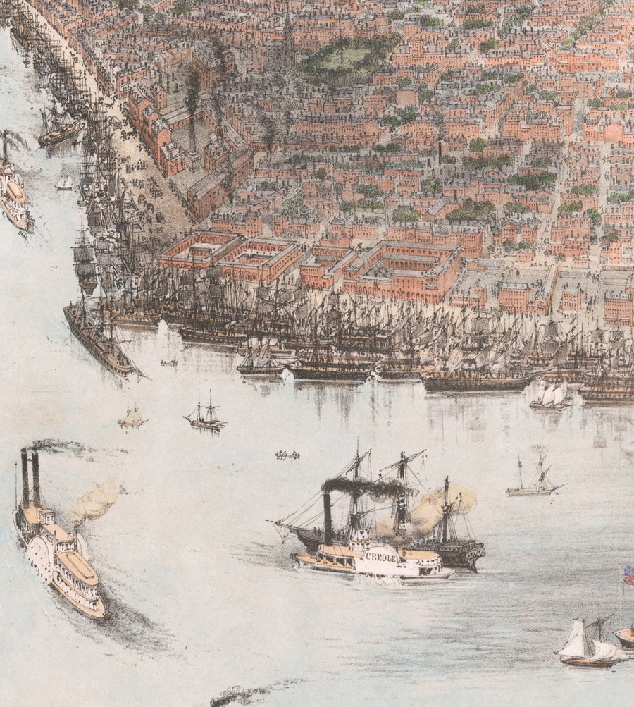 Vecchia mappa Birds Eye di New Orleans nel 1851 - Quartiere Francese, CBD, Treme, fiume Mississippi, Cattedrale di St Louis, Jackson Square 