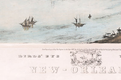 Mapa de ojos Old Birds de Nueva Orleans en 1851 - Barrio Francés, CBD, Treme, Río Mississippi, Catedral de San Luis, Jackson Square
