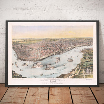 Alte Birds Eye-Karte von New Orleans im Jahr 1851 - Französisches Viertel, CBD, Treme, Mississippi River, St. Louis-Kathedrale, Jackson Square 