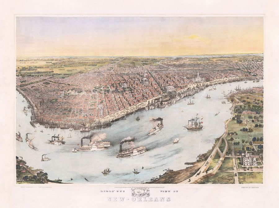 Vecchia mappa Birds Eye di New Orleans nel 1851 - Quartiere Francese, CBD, Treme, fiume Mississippi, Cattedrale di St Louis, Jackson Square 