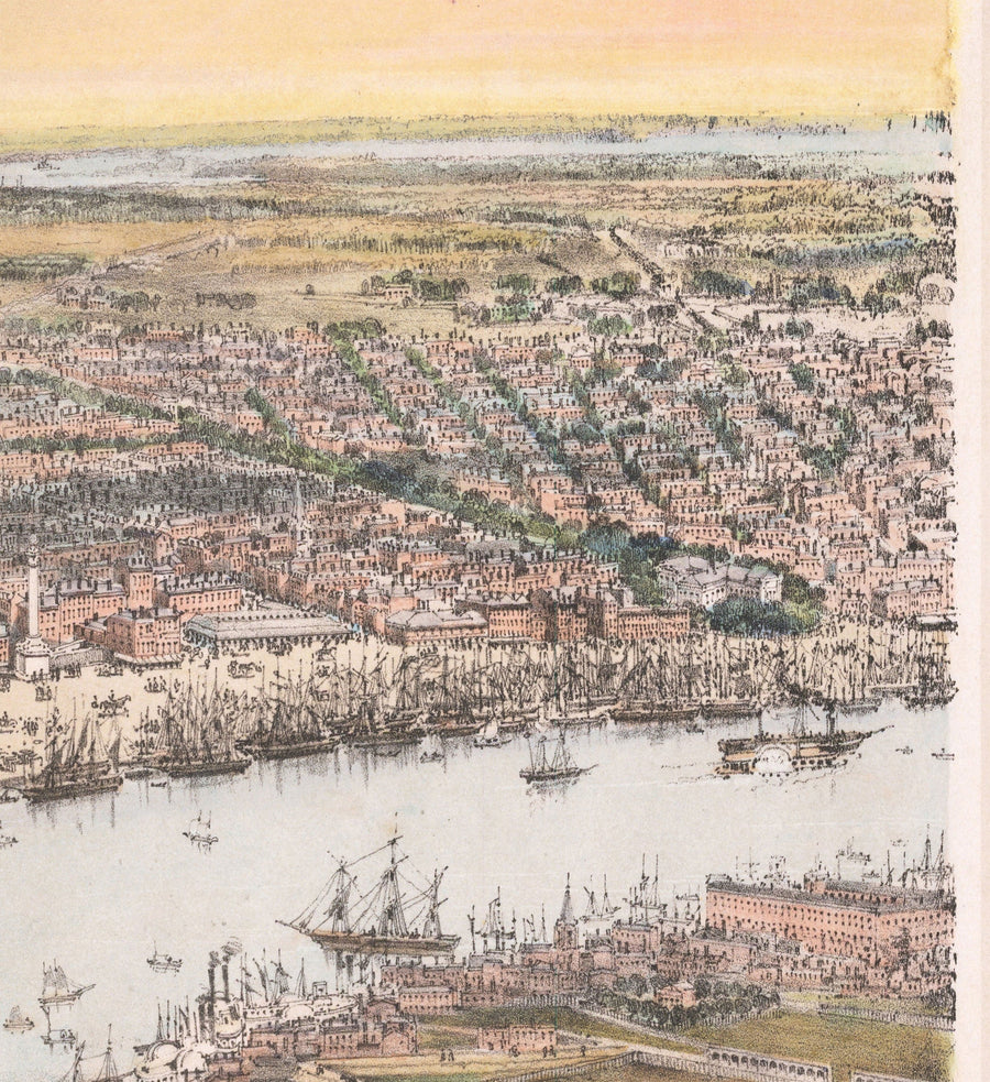 Vecchia mappa Birds Eye di New Orleans nel 1851 - Quartiere Francese, CBD, Treme, fiume Mississippi, Cattedrale di St Louis, Jackson Square 